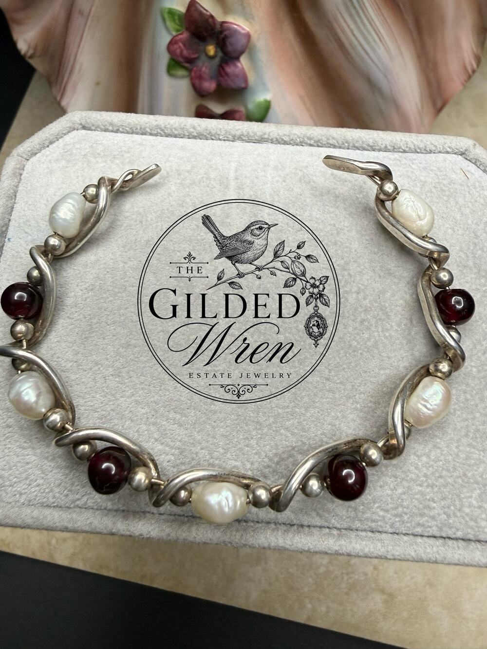 OOAK Artisan Sterling Silver Garnet Freshwater Pearl Bracelet Hand Forged